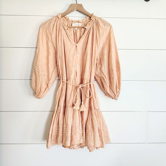 Cleobella Peach Tiered Mini Dress XS Bohemian Cottage Peasant Feminine Textured - Picture 1 of 9